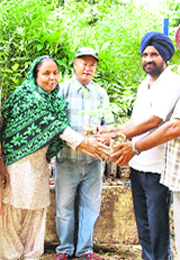 Members of the Phagwara Environment Association give a sapling to a woman in Phagwara. 