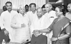 RJD chief Lalu Yadav, BSPs Mulayam Singh, Lok Sabha Speaker Meira Kumar and others at a meeting in New Delhi on Thursday.
