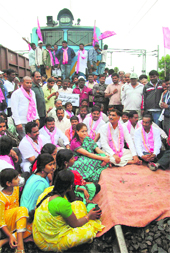 Telangana activists at the 'rail roko' demonstration in Medak district of Andhra Pradesh on Thursday. 