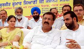 Transport Minister Surjit KumarJyani (centre), Punbus Director Dayal Singh Sodhi and Daljit Kaur, Additonal Director, Technical Education and Indusrial Training, at the inaugural function of a job festival in Bathinda on Friday.