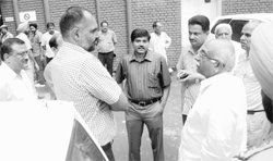 A cervical attack on the citys first woman SHO, Poonam Dilawari, sent police top brass in a spin. Anxious police officers comprising UT IGP PK Srivastava (wearing specks), UT SSP Naunihal Singh (with his arms folded second from left), DIG Alok Kumar (hands in pocket), SSP (Traffic) HS Doon (cell phone in hand), along with a range of DSPs, Jagbir Singh, Roshan Lal and Sagar (retd), and inspectors Bhavnesh and Neeraj Sarna, wait outside the PGI emergency, on Friday