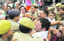 Activists of the Bharatiya Janata Yuva Morcha stage a demonstration in Jammu on Friday