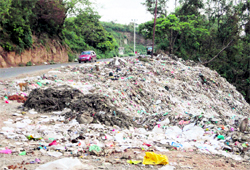 Heaps of garbage lie scattered on the way to the Shivkhori shrine route on the Katra-Reasi road