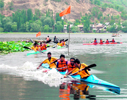 players in action during the water sports festival organised by the Jammu and Kashmir Tourism Department in the Manasbal lake in Bandipora district
