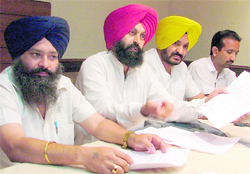 SAD councillors Parminder Singh Soma, Jagbir Singh Sokhi, Kamaljit Singh Karwal and Swarandeep Singh Chahal at a press conference in Ludhiana on Saturday