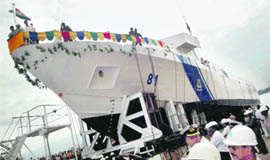 Patrol vessel Rani Rashmoni is all decked up during its launch in Chennai 