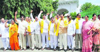 TDP MLAs from Telangana, who put in their papers on July 4 demanding creation of a separate state, after meeting AP Assembly Speaker in Hyderabad 