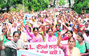 Activists of Nav Jagran Mahila Manch hold a rally in Jalandhar on Saturday to protest against the fresh survey ordered by the SAD-BJP government to identify BPL families in the state. 