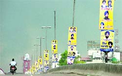 Display of sycophancy Posters of Youth Akali Dal president Bikram Singh Majithia dot the Elevated Road, causing distraction to motorists, in Ludhiana