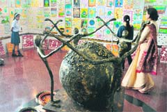 Visitors at an annual exhibition of Sat Paul Mittal School in Ludhiana