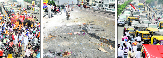 A large cavalcade of vehicles and specially decked elephants of Youth Akali Dal supporters take up space on an otherwise busy Jagraon Bridge thus causing a major traffic jam; Litter lies scattered on a road soon after the roadshow; and a view of an ambulance (shown by an arrow) stuck in the traffic jam caused by the roadshow