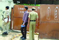 The police inspects the site after a cylinder blast at Moti Nagar in New Delhi 