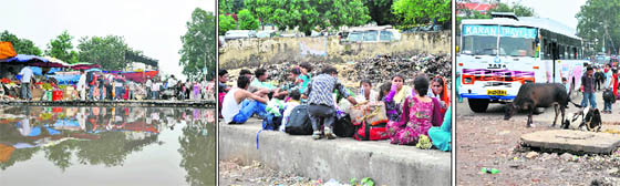 From left: The flooded main entrance of Jammu railway station; passengers wait for a train amidst heaps of garbage; and stray cattle roam freely on the railway station premises.
