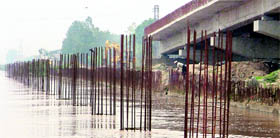 A view of iron bars, which are exposed to water, near Gill Road bridge in Ludhiana.