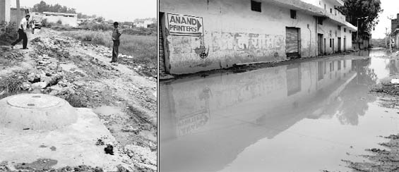 An uneven road unfit for movement of vehicles; and (right) rainwater accummulated on a road at Pabhat in Zirakpur