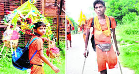 A 9-year-old Kanwariya and (right) Sandeep Kumar, who is physically challenged, from Gurgaon.