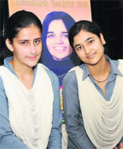 Apoorva Kadiyan (left) and Ria Tripathi, who are going to represent India at a Nasa summer camp, in Karnal on Thursday