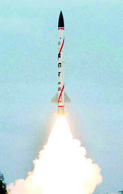 Prahaar takes off from the integrated test range in Balasore on Thursday.