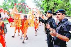 Commandos on duty on one of the important stretches on the Kanwar route in Haridwar. 