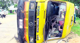 The school bus that overturned near Jagraon on Saturday.