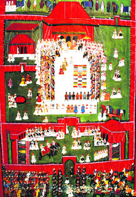 Detail of a Court Scene from the Deccan. Fragment of a wall hanging; cotton patterned with stencilled and hand-drawn resist and mordants. Mid-17th century; Calico Museum of Textiles, Ahmedabad