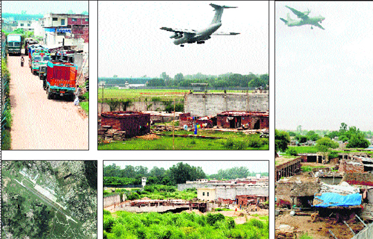 Trucks ply on a road built alongside the perimeter wall of the Air Force station; a large structure, presumably a warehouse, coming up adjacent to the perimeter wall of the Air Force station at Pabhat village, near Zirakpur, with the civil airport terminal in the background; construction goes on beside the perimeter wall of the Air Force station; and construction continues within the prohibited zone adjacent to the perimeter wall of the Air Force station. Tribune photos: Nitin Mittal Below left: A satellite image from Google Earth shows heavy construction along the perimeter wall of the Chandigarh airfield (top left, right and bottom right). Encroachments close to both ends of the runway have blocked the crash gates. The international airport is coming up in the open area below the runway. 