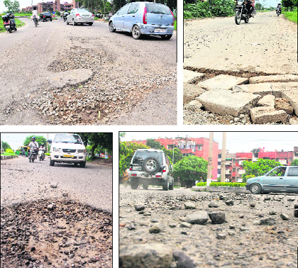 Clockwise from above left: A potholed stretch of the road separating