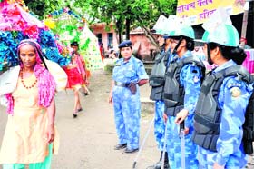 Women RAF personnel deployed at a sensitive point in Haridwar on Sunday