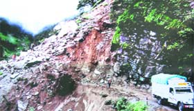 A landslide blocks a road in the Betulidhar area of Munisiyari, Pithoragarh district