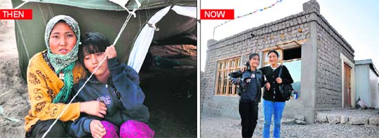 Stanzin Dolma and daughter Angmo cowered in a relief camp last year (left) . They posed this month in front of their new house (right)