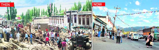 A view of the destruction at the Choglamsar market (Left) last year. It has now transformed into a bustling marketplace (Right)