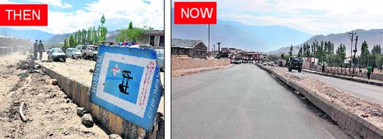 The four-lane road, the main entry to Leh, was reduced to one (Above) last year