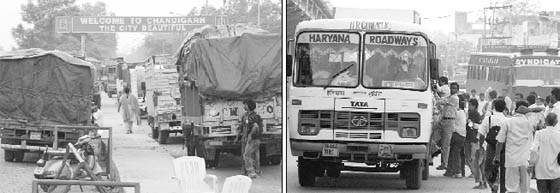 Trucks parked on the highway despite service roads, near the sales tax barrier; and (right) passengers catch a bus on the Chandigarh-Ambala highway at Zirakpur.