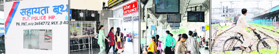 From left: An unmanned assistance booth of the Railway Protection Force at the Chandigarh railway station; Commuters enter the platform area unchecked in the absence of a metal detector at the entry point; Non-functional LED screens at platform No 1 as passengers wait for their trains; and A cyclist pedals his way across the tracks towards the platform at the railway station