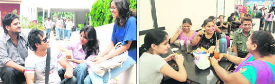 (Left) First-year students enjoy on the Sector-10 DAV College campus in Chandigarh on Monday; (Right) First-year students with their parents inside the canteen of the Postgraduate Government College for Girls at Sector 11 in Chandigarh