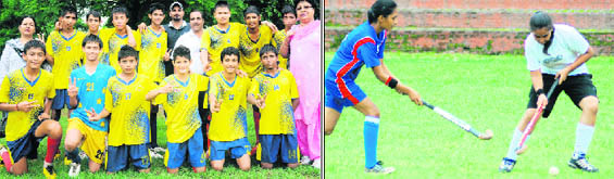 (Left) The football team of Government Model High School, Sector 36, which won the Pre-Subroto Mukerjee Football (U-17) Tournament, in Chandigarh on Monday. tribune photo: Pradeep Tewari; (Right) Players in action during the hockey match between Government Model Senior Secondary School, Sector 37, and Government Model Senior Secondary School, Sector 46, at Hockey Stadium, Sector 18, Chandigarh