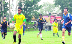 A match in progress in the Lala Nemi Dass Memorial District Football League at the Pavilion ground in Dehradun 