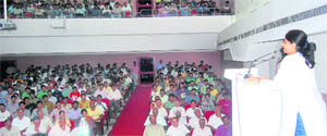 Parul Kush Jain, SP, Kurukshetra, addresses students at an orientation programme in Kurukshetra