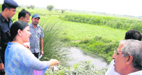 Education Minister Geeta Bhukkal inspects the drainage system in Jhajjar