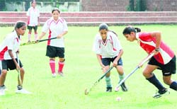 Players in action during a hockey match at Sector 18 in Chandigarh 