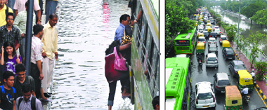(Left)The waterlogged ITO bus stand. (Right) Traffic jam at Mathura Road after the rain in New Delhi on Tuesday. 