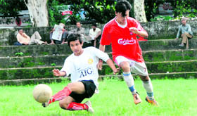 A match in the Lala Nemi Dass Memorial Football District League in progress on the Pavilion Grounds in Dehradun on Tuesday.