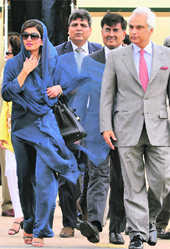 Pakistan Foreign Minister Hina Rabbani Khar arrives at the Air Force station in New Delhi on Tuesday