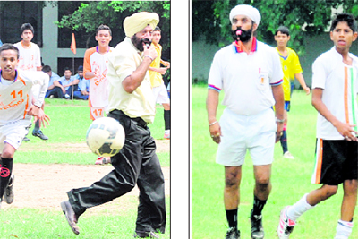 A referee caught by Tribune lensman while supervising a match in casual wears on July 29, 2010, at Government Model Senior Secondary School, Sector 22; and (right) a referee is seen officiating the match in proper kit at Government Model Senior Secondary School, Sector 37, Chandigarh, on Monday