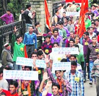Activists of the ABVP hold a protest rally against corruption, in Shimla