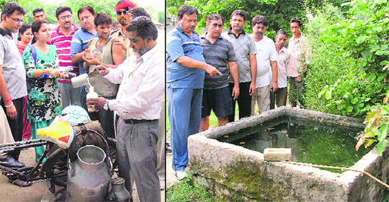 A team of the health department takes milk samples from a container of milk vendor Ramesh (in gray T-shirt); and (right) residents of Rishi Nagar show a cemented tank from where he allegedly used to take water for mixing with milk.