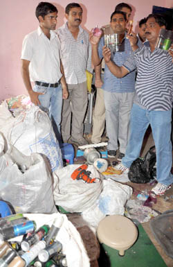 The Delhi police conducts a raid at a perfume and deodorant factory in Nizamuddin, New Delhi