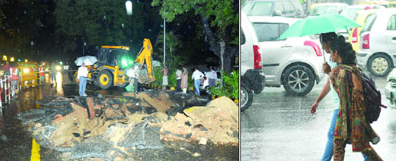 Road caves in at K.G. Marg, near Connaught Place, following heavy showers in New Delhi on Thursday evening. (Right) Students caught in the rain and a traffic jam near the ITO