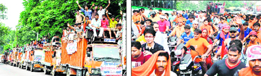 Vehicles carrying Dak Kanwariyas move towards Haridwar on Thursday; and (right) motorcycle-borne Kanwariyas in Haridwar. 