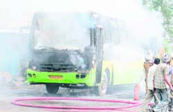 A Punjab Roadways air-conditioned bus that caught fire in Ludhiana 